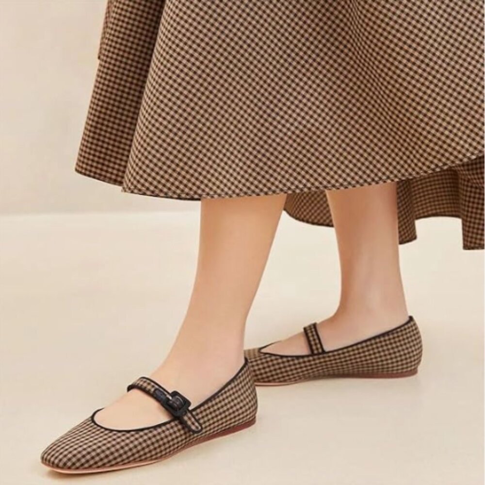 Miss Left Yellow Black Plaid Buckle Strap Mary Janes Round Toe Ballet Flats